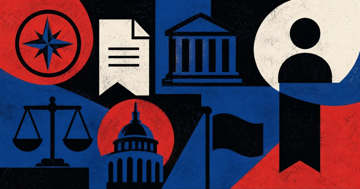 Compass, capitol, scales of justice, and citizen illustration