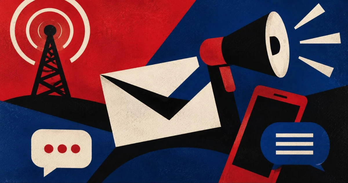 Broadcast tower, envelope, and megaphone illustration