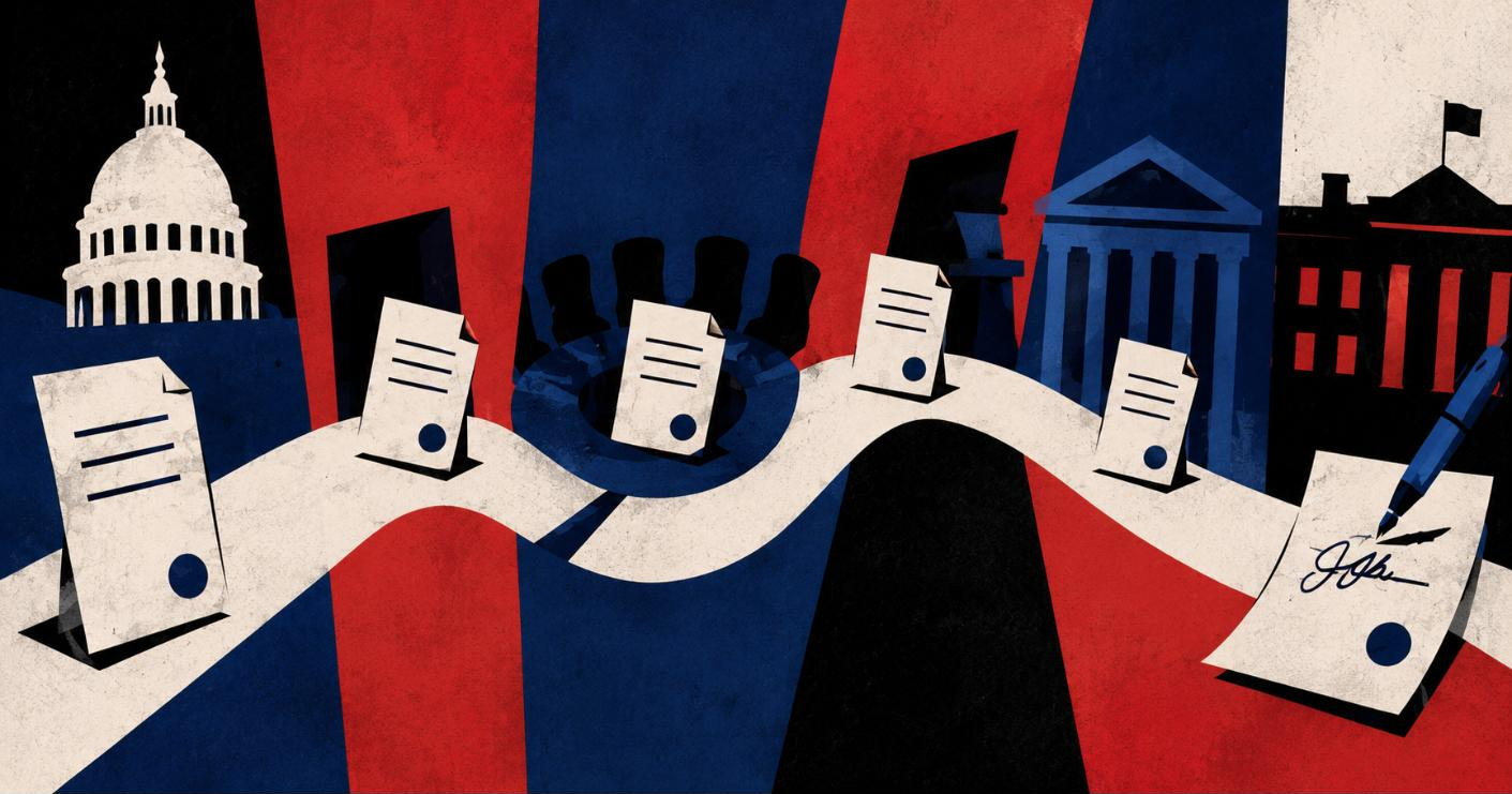 A bill's journey — documents moving along a winding path past the Capitol to a signed law