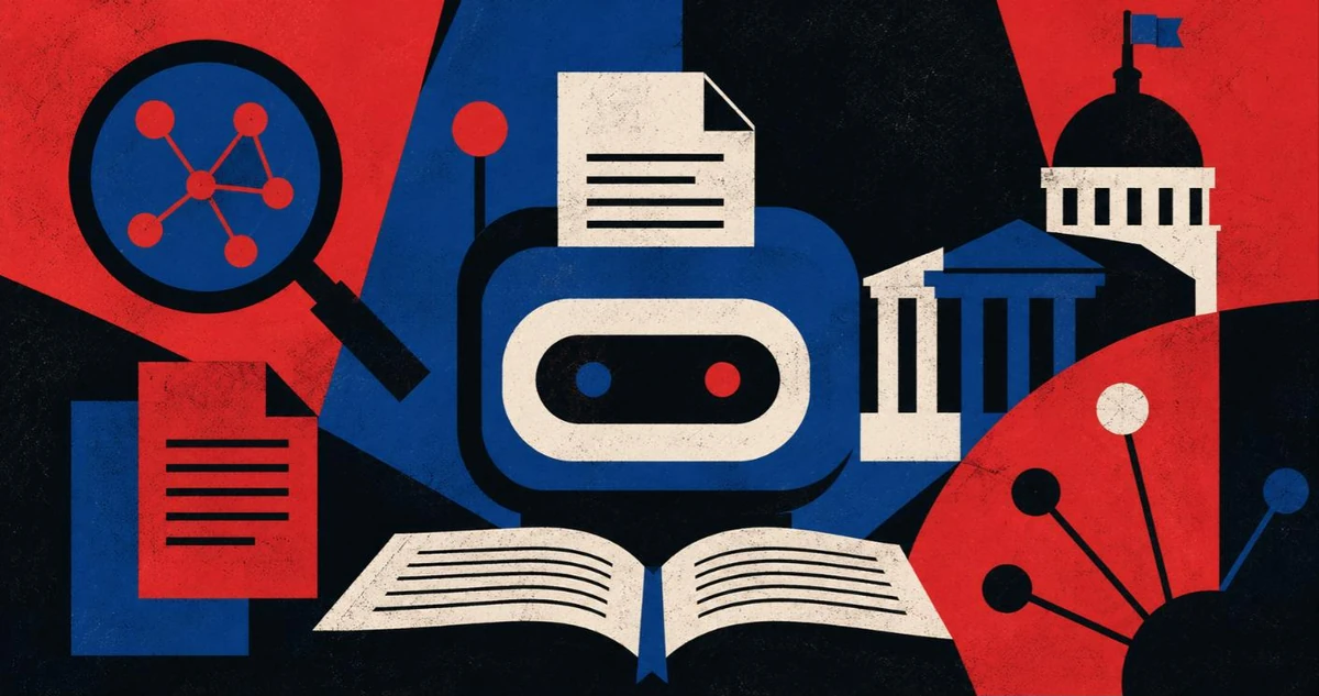 Shirley — an open book with a friendly robot face, surrounded by documents, a magnifying glass, and the Capitol
