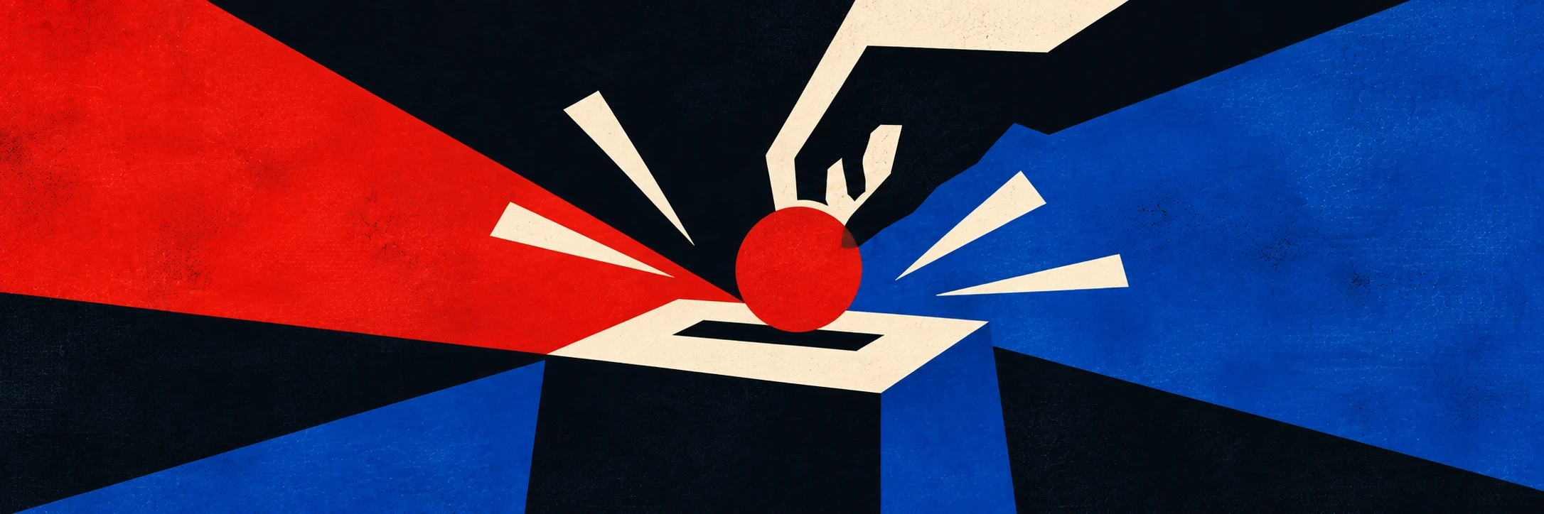 Illustration of a hand dropping a vote into a ballot box, flanked by converging red and blue rays